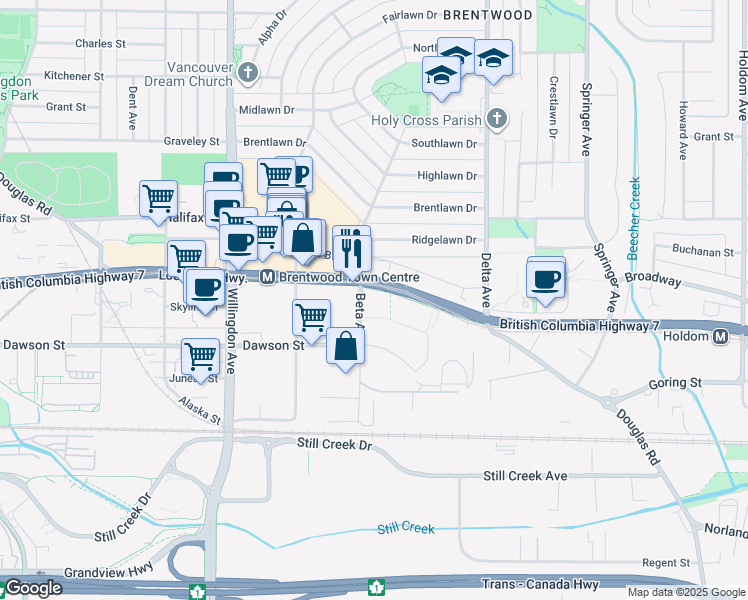 map of restaurants, bars, coffee shops, grocery stores, and more near 2088 Beta Avenue in Burnaby