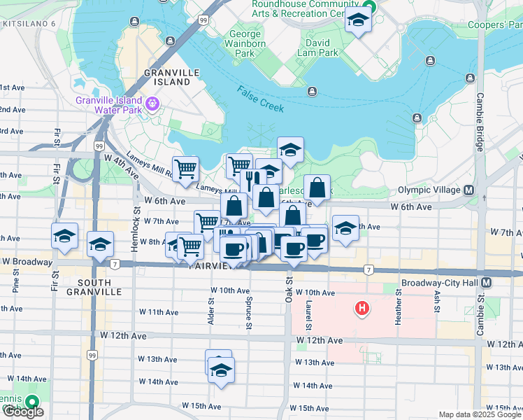 map of restaurants, bars, coffee shops, grocery stores, and more near 2220 Spruce Street in Vancouver