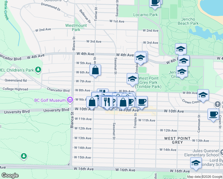 map of restaurants, bars, coffee shops, grocery stores, and more near 4509 West 8th Avenue in Vancouver