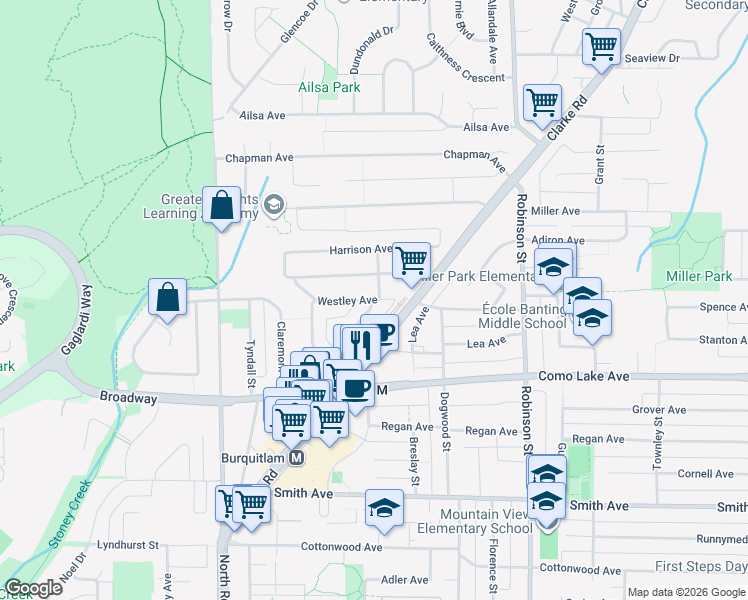 map of restaurants, bars, coffee shops, grocery stores, and more near 623 Westley Avenue in Coquitlam