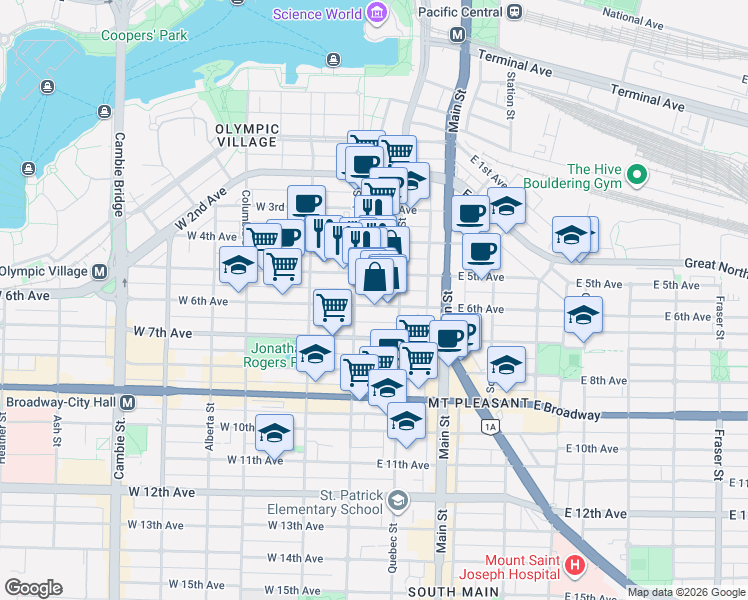 map of restaurants, bars, coffee shops, grocery stores, and more near 33 East 6th Avenue in Vancouver