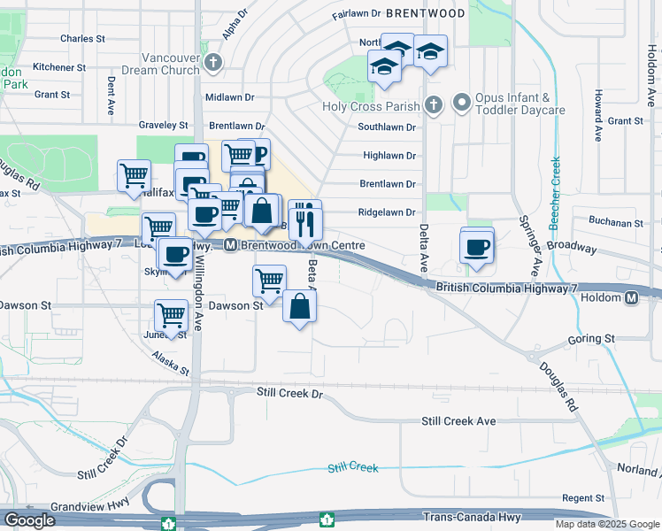 map of restaurants, bars, coffee shops, grocery stores, and more near 4730 Lougheed Highway in Burnaby