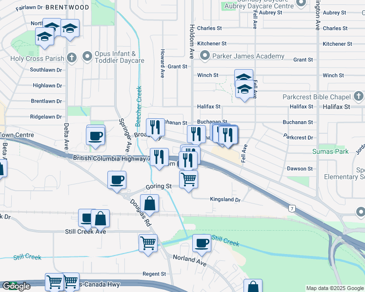 map of restaurants, bars, coffee shops, grocery stores, and more near 5626 Broadway in Burnaby