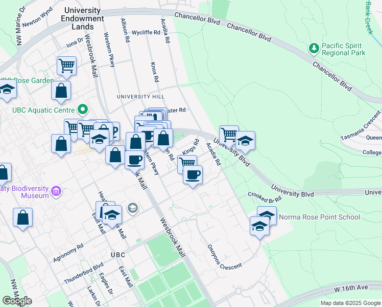 map of restaurants, bars, coffee shops, grocery stores, and more near 5568 Kings Road in Vancouver