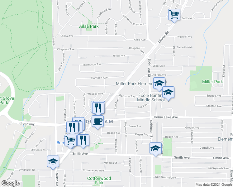 map of restaurants, bars, coffee shops, grocery stores, and more near 655 Clarke Road in Coquitlam
