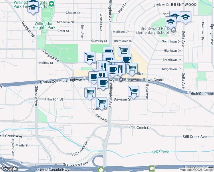 map of restaurants, bars, coffee shops, grocery stores, and more near 4485 Skyline Drive in Burnaby