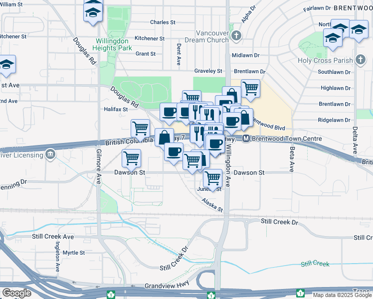 map of restaurants, bars, coffee shops, grocery stores, and more near 2077 Rosser Avenue in Burnaby