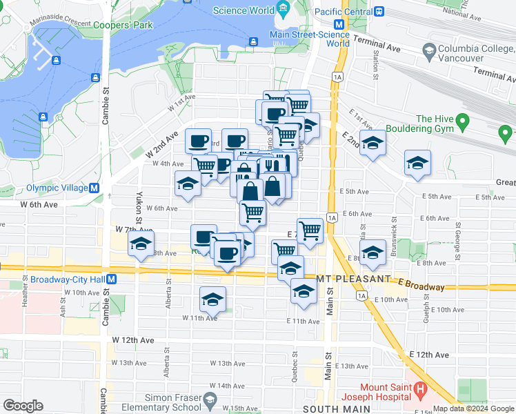 map of restaurants, bars, coffee shops, grocery stores, and more near 23 West 6th Avenue in Vancouver