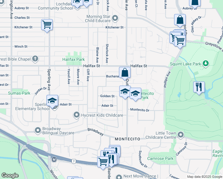 map of restaurants, bars, coffee shops, grocery stores, and more near 7132 Paulus Court in Burnaby
