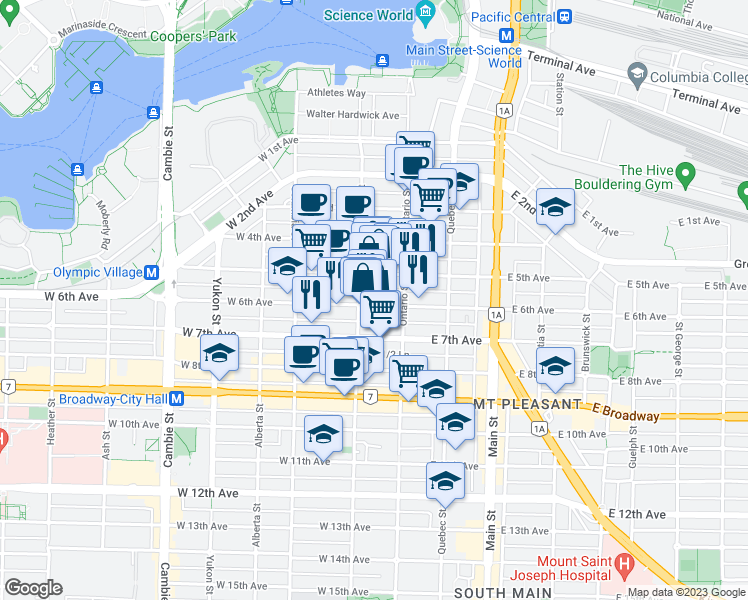 map of restaurants, bars, coffee shops, grocery stores, and more near 63 West 6th Avenue in Vancouver