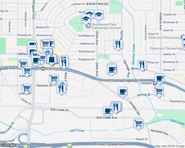 map of restaurants, bars, coffee shops, grocery stores, and more near 4888 Brentwood Drive in Burnaby