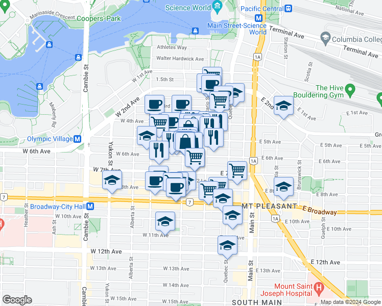 map of restaurants, bars, coffee shops, grocery stores, and more near 63 West 6th Avenue in Vancouver