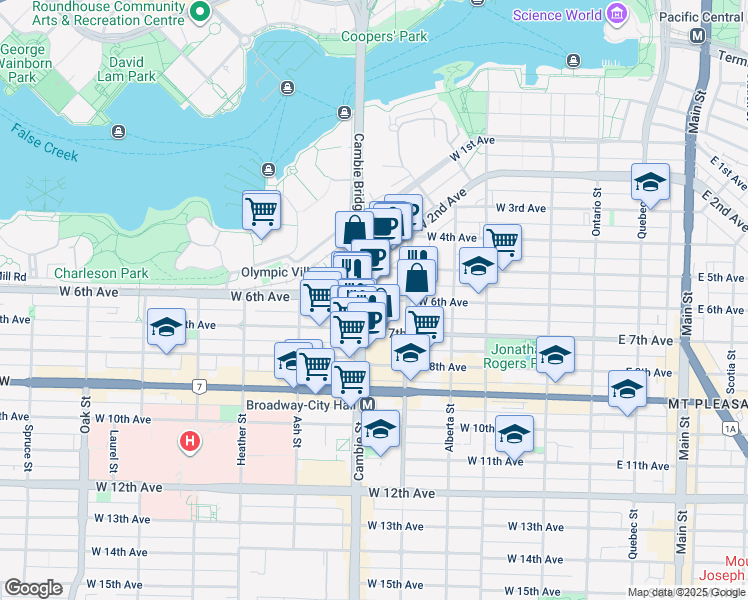 map of restaurants, bars, coffee shops, grocery stores, and more near 495 West 6th Avenue in Vancouver