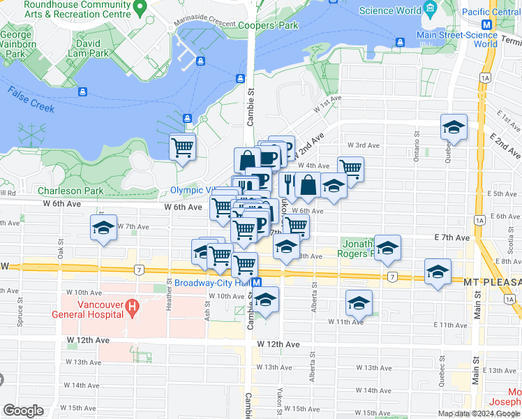 map of restaurants, bars, coffee shops, grocery stores, and more near 503 West 6th Avenue in Vancouver