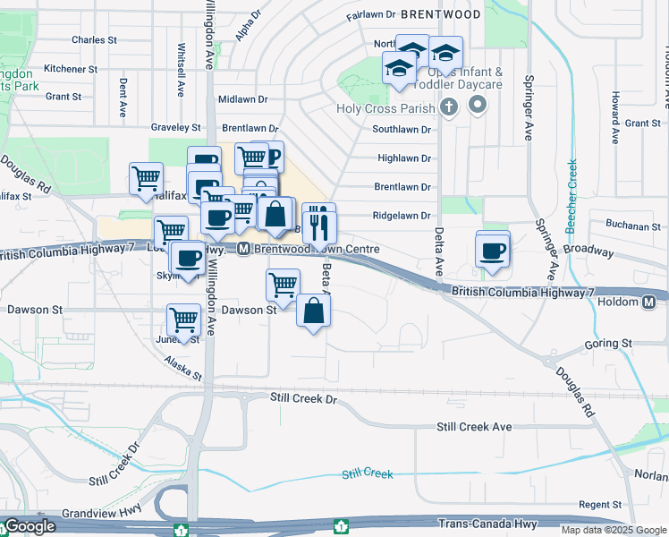 map of restaurants, bars, coffee shops, grocery stores, and more near 2088 Beta Avenue in Burnaby