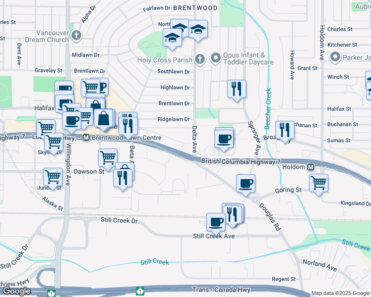 map of restaurants, bars, coffee shops, grocery stores, and more near 4888 Brentwood Drive in Burnaby