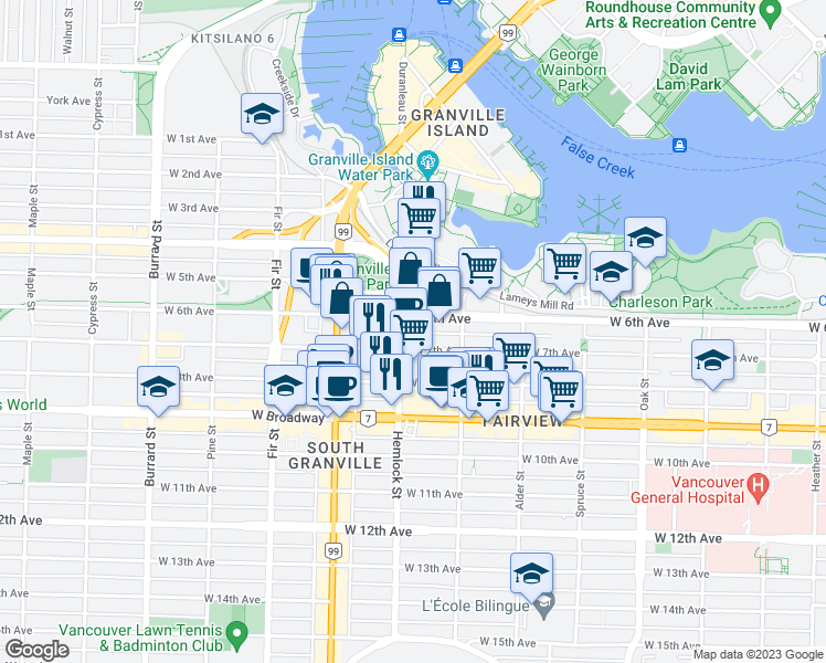 map of restaurants, bars, coffee shops, grocery stores, and more near 1388 West 6th Avenue in Vancouver