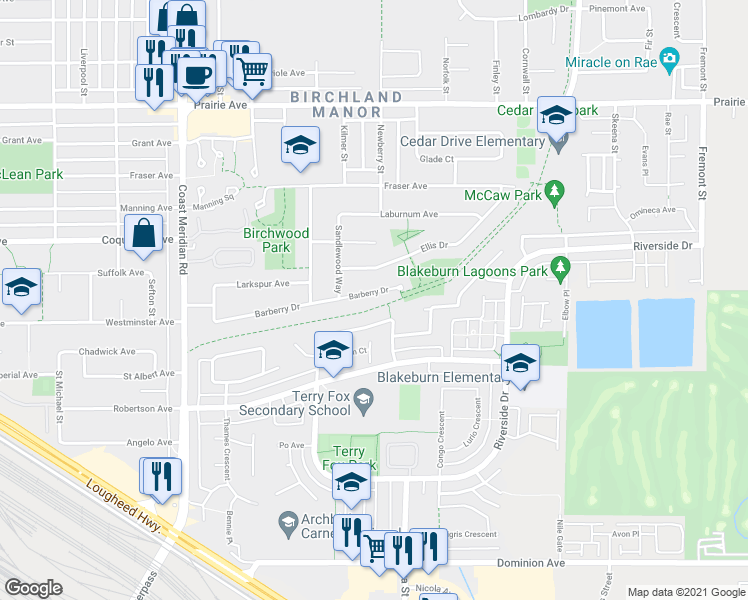 map of restaurants, bars, coffee shops, grocery stores, and more near 1226 Barberry Drive in Port Coquitlam