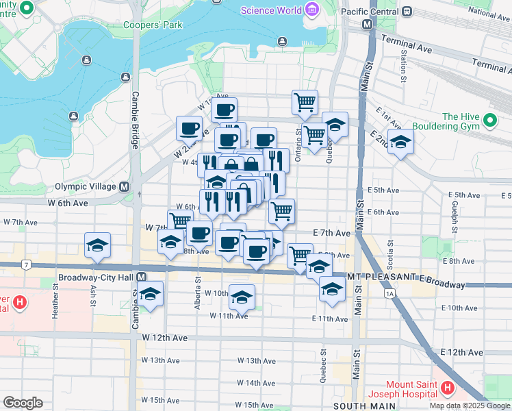 map of restaurants, bars, coffee shops, grocery stores, and more near 165 West 6th Avenue in Vancouver