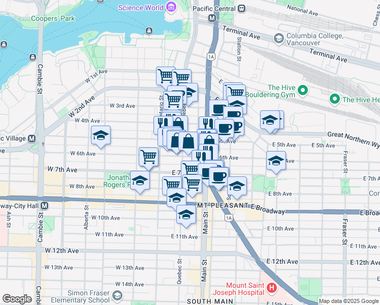 map of restaurants, bars, coffee shops, grocery stores, and more near in Vancouver
