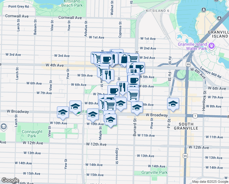 map of restaurants, bars, coffee shops, grocery stores, and more near 2255 Cypress Street in Vancouver