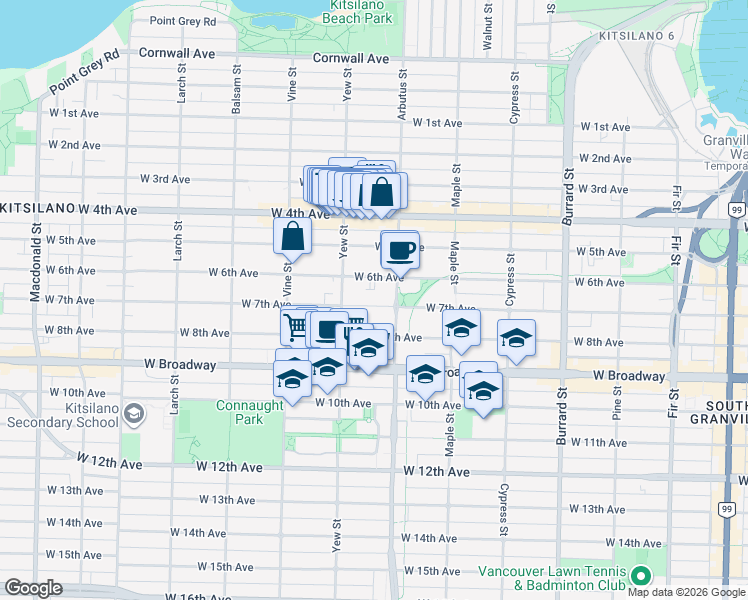 map of restaurants, bars, coffee shops, grocery stores, and more near 2137 West 7th Avenue in Vancouver