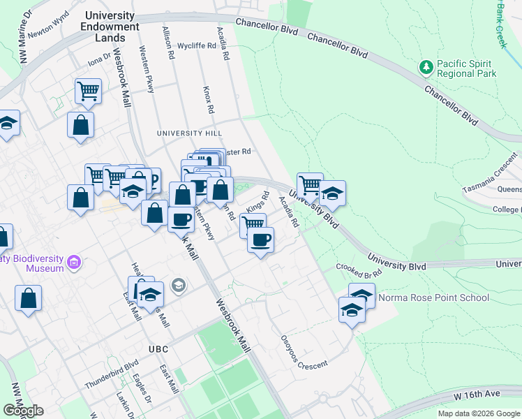 map of restaurants, bars, coffee shops, grocery stores, and more near 5568 Kings Road in University Endowment Lands
