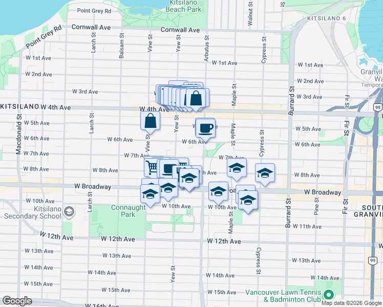 map of restaurants, bars, coffee shops, grocery stores, and more near 2141 West 7th Avenue in Vancouver