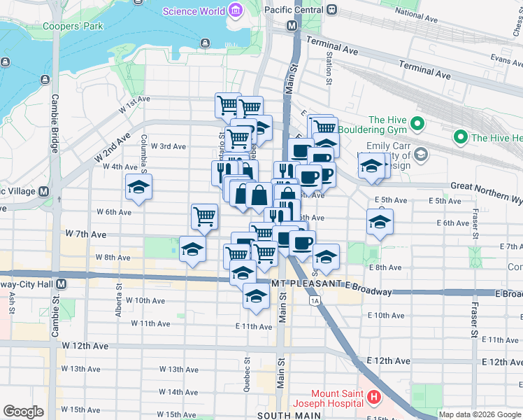map of restaurants, bars, coffee shops, grocery stores, and more near in Vancouver