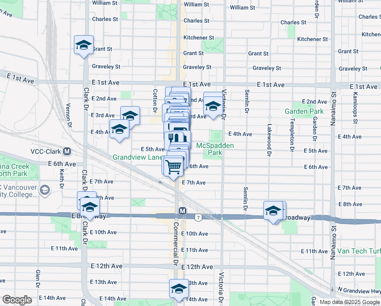 map of restaurants, bars, coffee shops, grocery stores, and more near 7143 Mont Royal Square in Vancouver