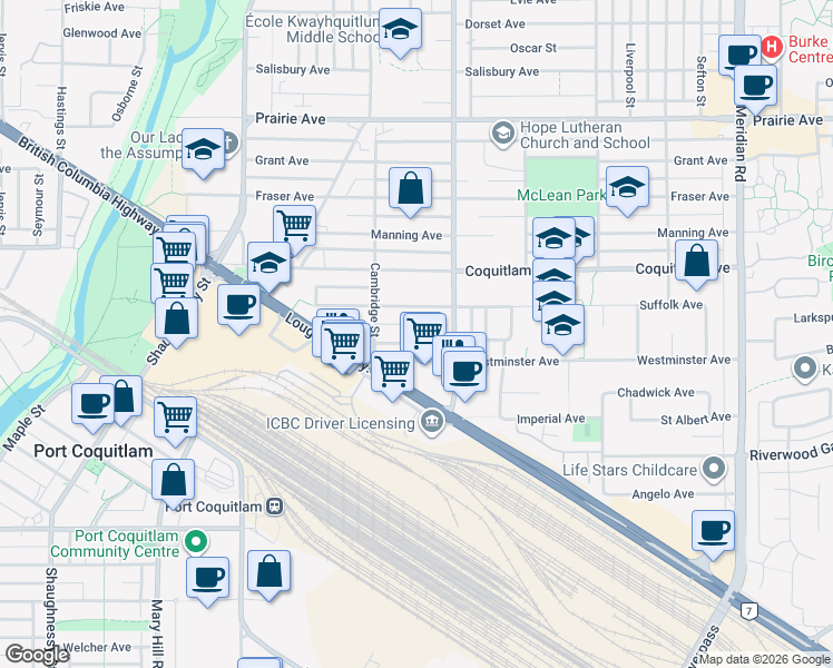 map of restaurants, bars, coffee shops, grocery stores, and more near 1951 Westminster Avenue in Port Coquitlam