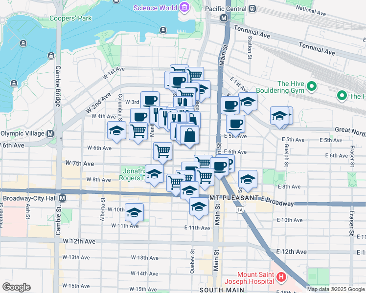 map of restaurants, bars, coffee shops, grocery stores, and more near 33 East 6th Avenue in Vancouver
