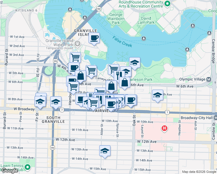 map of restaurants, bars, coffee shops, grocery stores, and more near in Vancouver