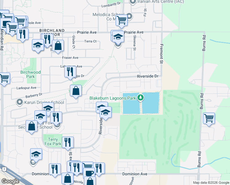 map of restaurants, bars, coffee shops, grocery stores, and more near 998 Riverside Drive in Port Coquitlam