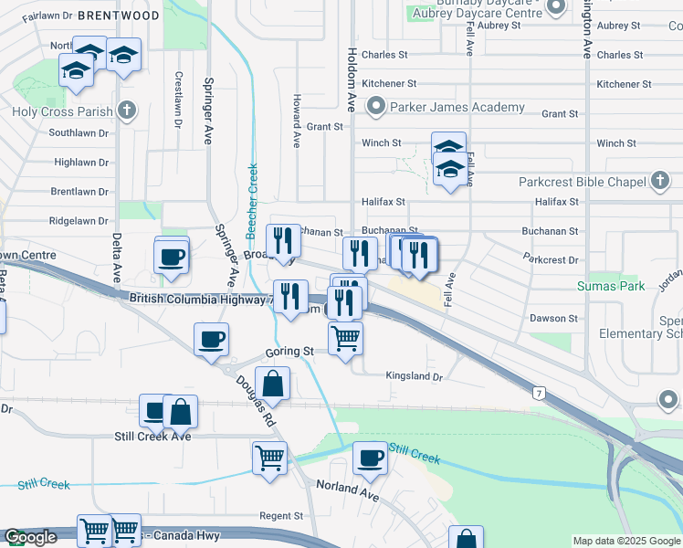 map of restaurants, bars, coffee shops, grocery stores, and more near 5655 Broadway in Burnaby