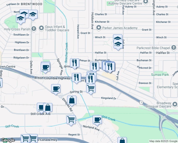 map of restaurants, bars, coffee shops, grocery stores, and more near 5655 Broadway in Burnaby