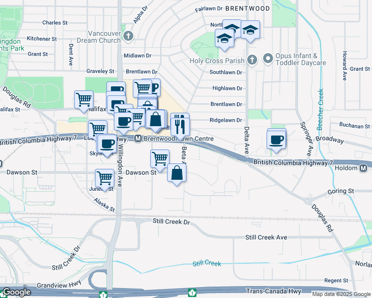 map of restaurants, bars, coffee shops, grocery stores, and more near in Burnaby