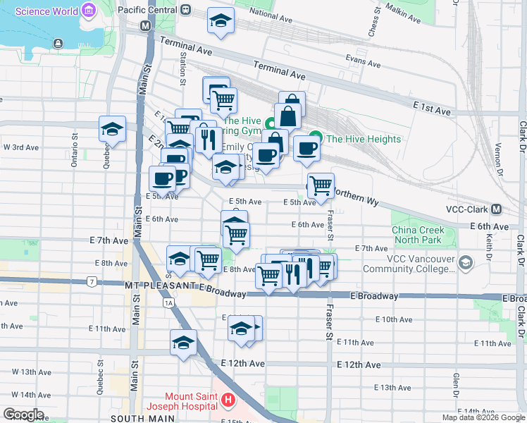 map of restaurants, bars, coffee shops, grocery stores, and more near in Vancouver