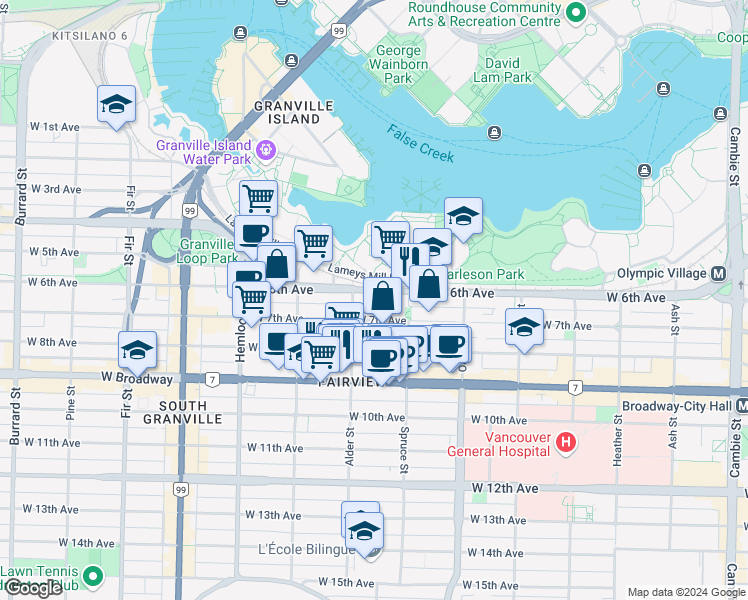 map of restaurants, bars, coffee shops, grocery stores, and more near in Vancouver