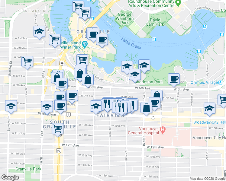 map of restaurants, bars, coffee shops, grocery stores, and more near in Vancouver