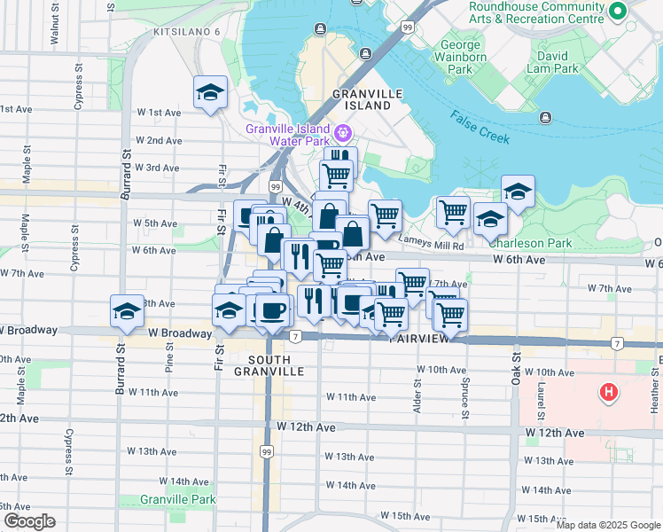 map of restaurants, bars, coffee shops, grocery stores, and more near in Vancouver