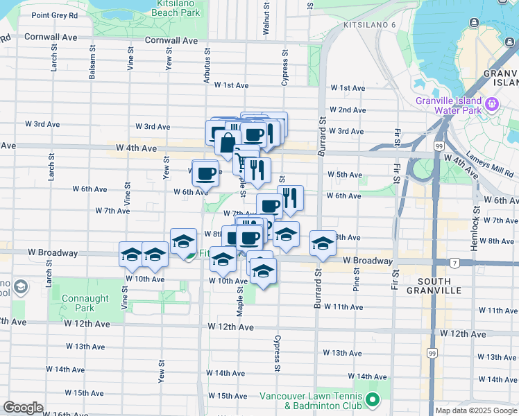 map of restaurants, bars, coffee shops, grocery stores, and more near 1954 West 6th Avenue in Vancouver