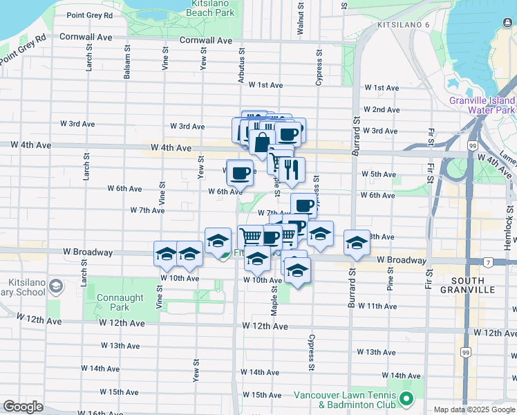 map of restaurants, bars, coffee shops, grocery stores, and more near in Vancouver
