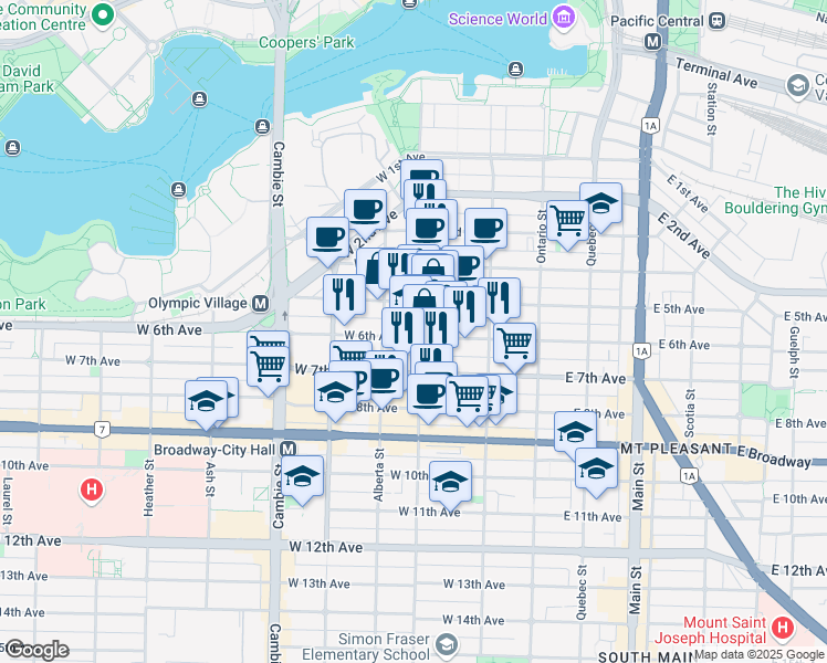 map of restaurants, bars, coffee shops, grocery stores, and more near 210 West 6th Avenue in Vancouver