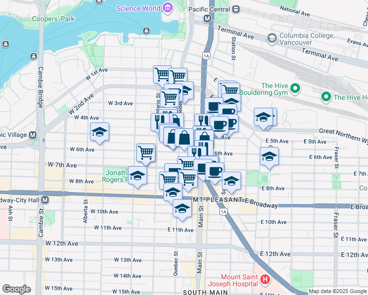 map of restaurants, bars, coffee shops, grocery stores, and more near 119 East 6th Avenue in Vancouver