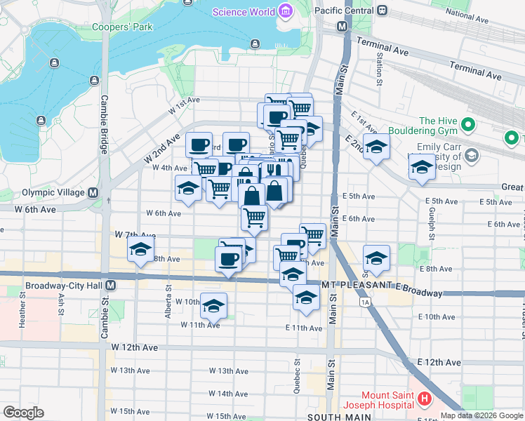 map of restaurants, bars, coffee shops, grocery stores, and more near in Vancouver