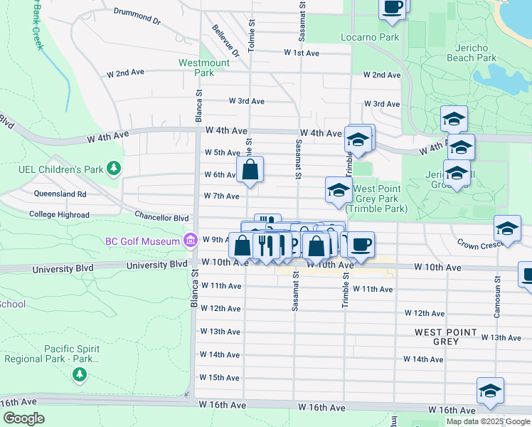 map of restaurants, bars, coffee shops, grocery stores, and more near 4559 West 8th Avenue in Vancouver