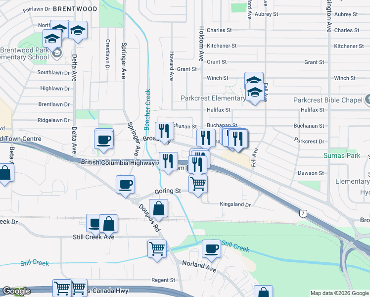map of restaurants, bars, coffee shops, grocery stores, and more near 5655 Broadway in Burnaby