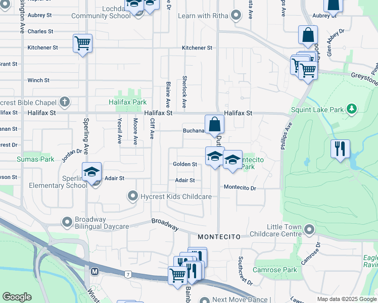 map of restaurants, bars, coffee shops, grocery stores, and more near 7122 Paulus Court in Burnaby