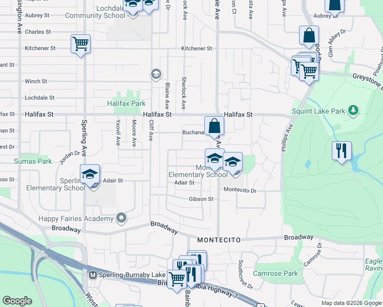map of restaurants, bars, coffee shops, grocery stores, and more near 7132 Paulus Court in Burnaby